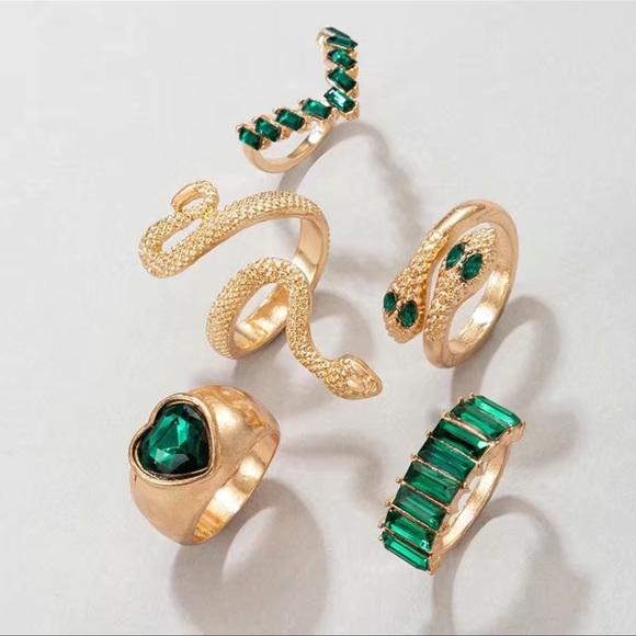 5-Piece Emerald Green Snake Eyes Ring Set - Picture 2 of 5
